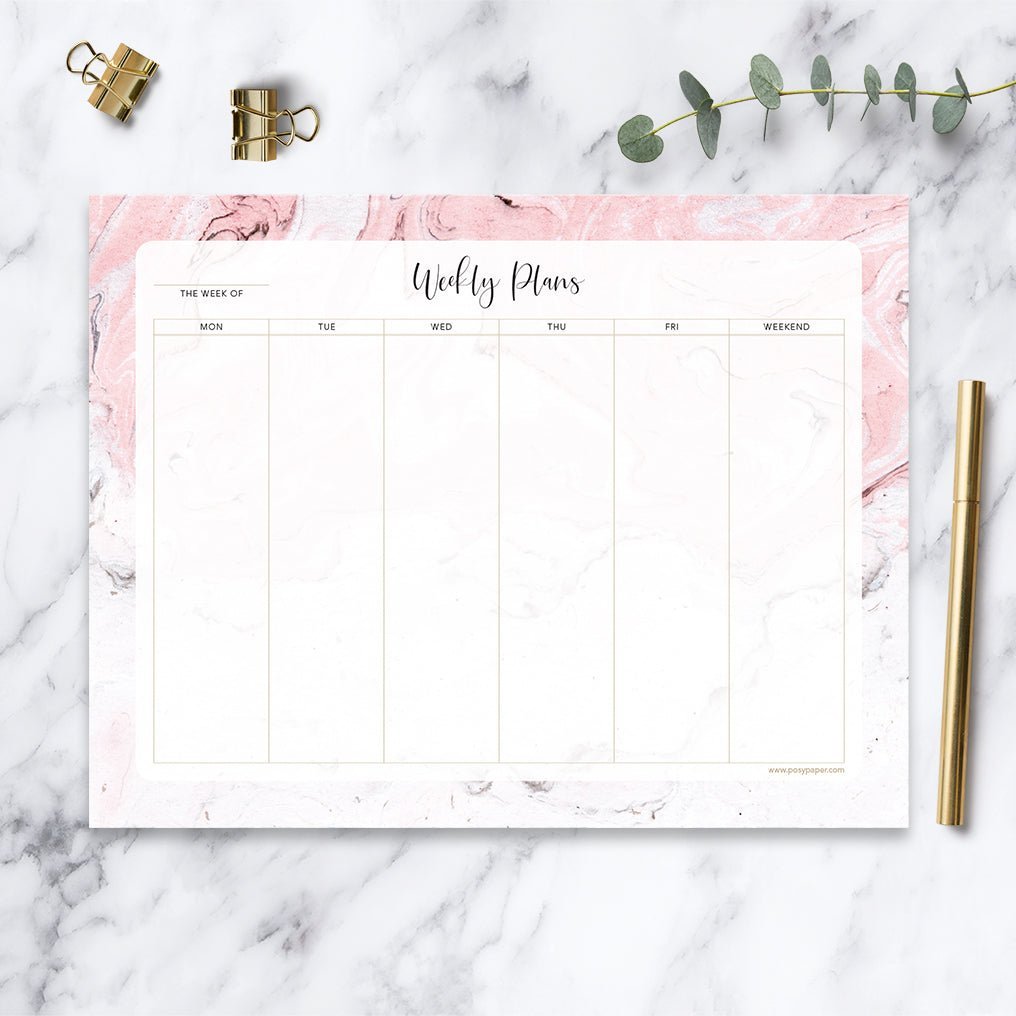 Pink Marble weekly notepad with lined daily columns and a notes section.