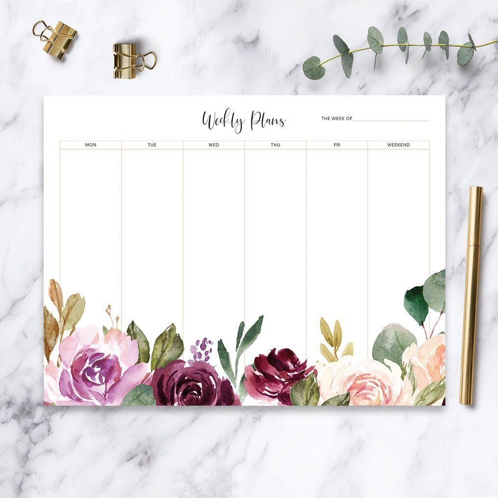 Plum Blush Roses weekly notepad with lined daily columns and a notes section.