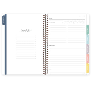 
                  
                    Recipe book breakfast index beside a blank ingredients and directions page.
                  
                