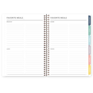 
                  
                    Recipe book favorite-meals pages with categories for breakfast, lunch, dinner and snacks.
                  
                