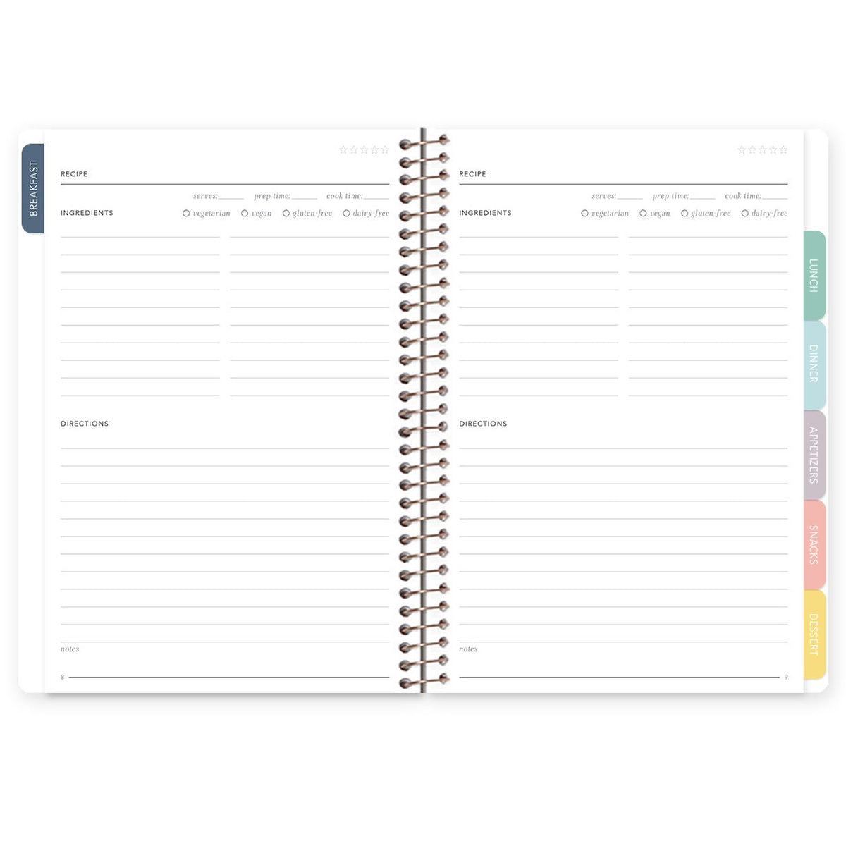 Recipe book spread with two recipes per page, including ingredients and directions.
