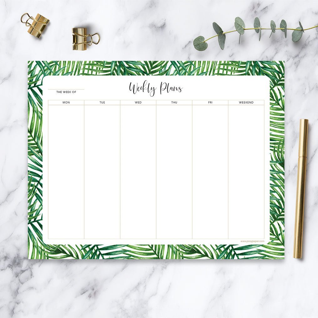 Tropical weekly notepad with lined daily columns and a notes section.